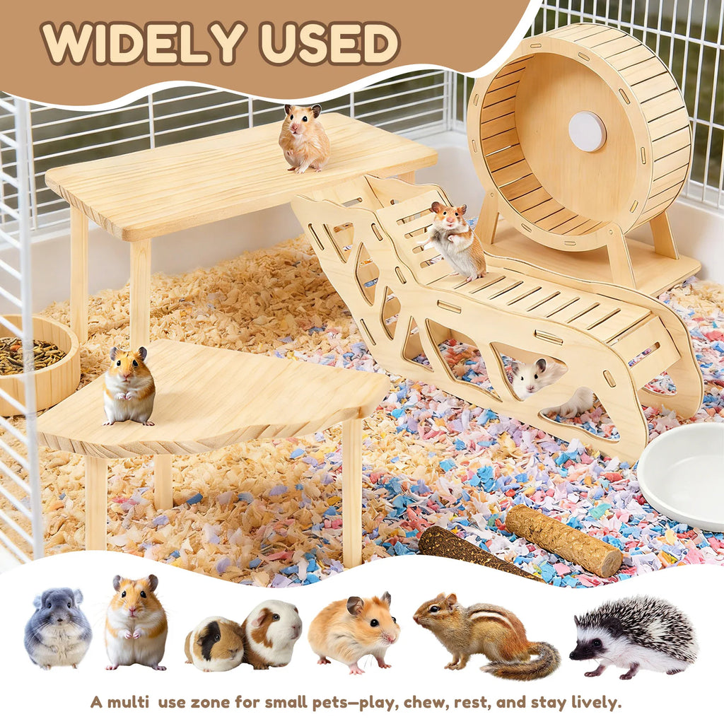 3Pcs Hamster Platform Natural Wood Hamster Climbing Toy with Ramp Tunnel Shelter Small Pet Resting Area Hamster Cage Accessories
