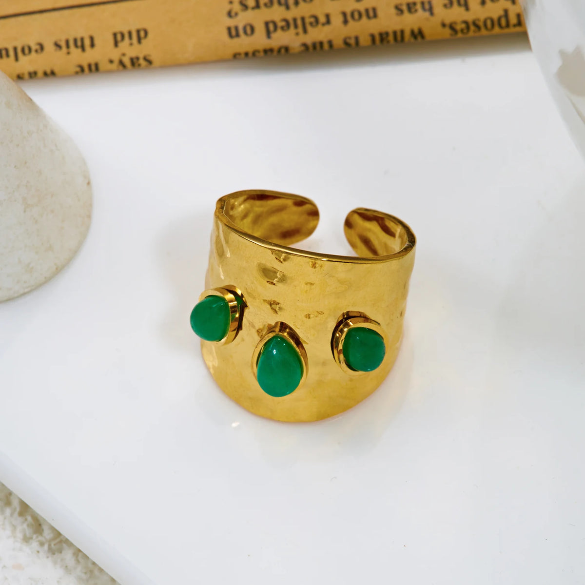 Stainless Steel French Vintage Ethnic Color Gemstone Ring for Women Punk Personality Stackable Open Finger Ring Hand Jewelry