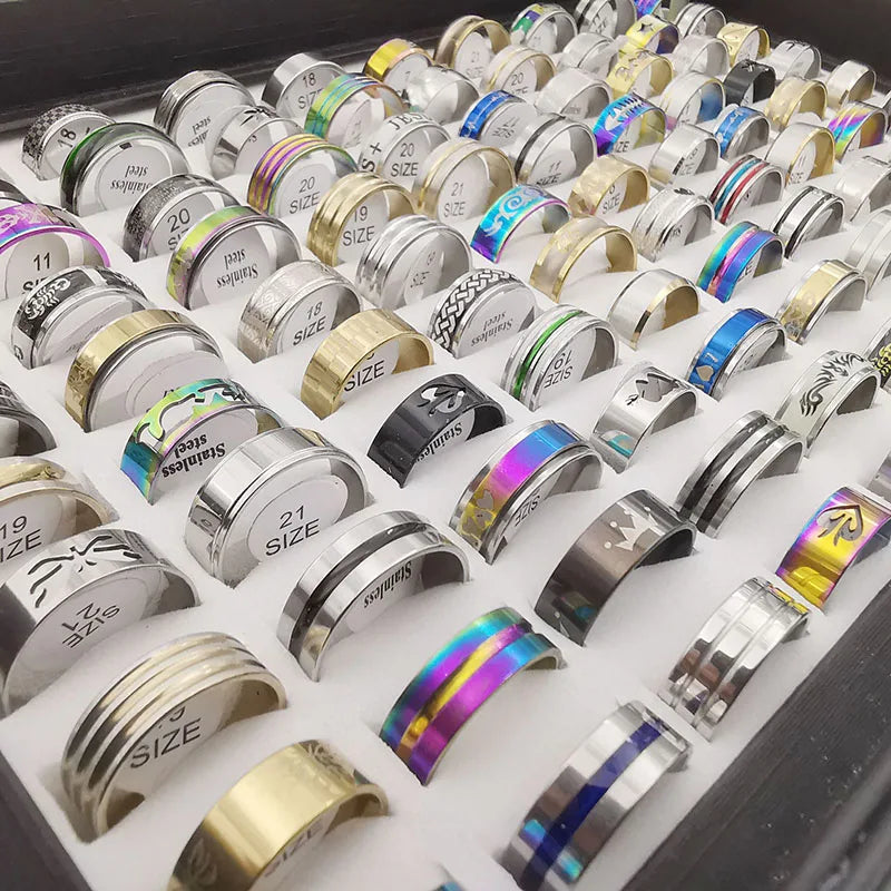 20Pcs/Lot Fashion Multicolor Stripe Stainless Steel Rings For Women Men Jewelry Accessories Party Gifts Mix style