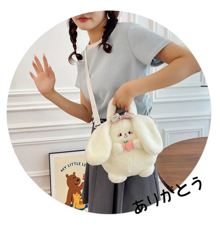 New Rabbit Kitten Plush Toy Backpack Stuffed Animal Rabbit Hold Peach Cat Hold Avocado Portable Shoulder Bag Girl Birthday Gifts
