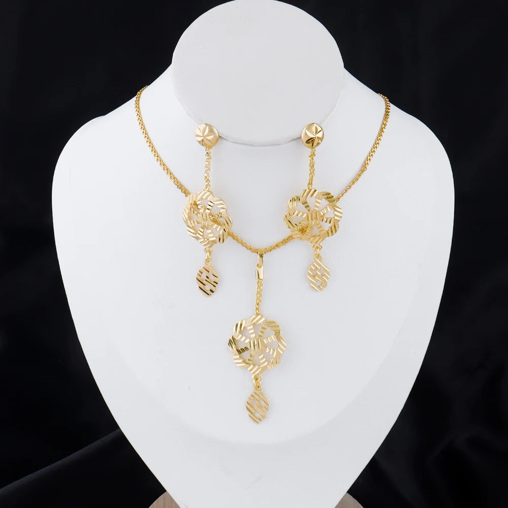 Dubai Gold Color Necklace Jewelry Set for Women Dangle Earrings and Necklace Bridal Weddings Earrings Engagement  Jewellery Gift