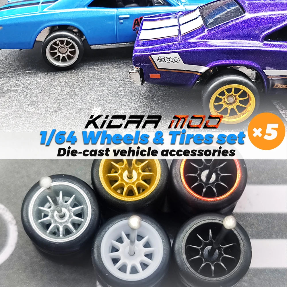 1/64 Wheels with Fixed Rubber Tires Ten Spoke for Toy Model Diecast Cars Refiting Parts for Hotwheels (5 sets for 5 Cars)
