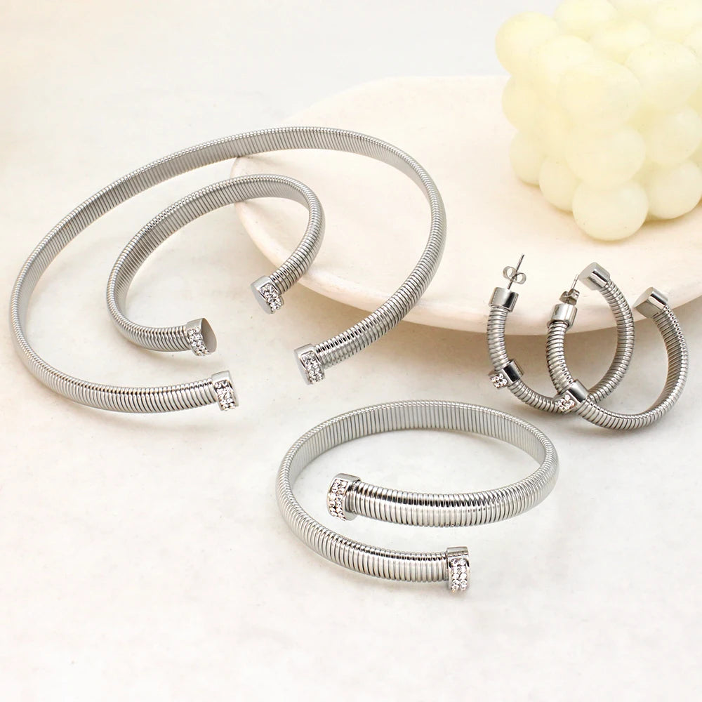High Quality Cross Cuff Stainless Steel Jewelry Set Personalized Spiral Texture 18K Gold Plated Arm Neck Bijoux Waterproof