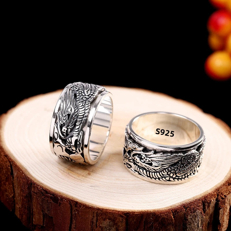 12mm Width Real S925 Sterling Silver Lucky Dragon Double Layer Rotatable Closed Dragon Ring For Man Woman Fiine Jewelry Gift