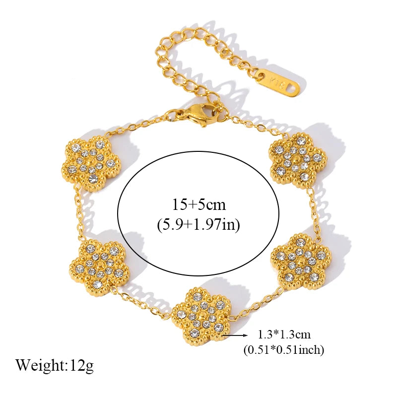 EILIECK New Fashion Stainless Steel White Zircon Clover Necklace Bracelet Earrings Set For Women Trendy Flower Jewelry Set Gift