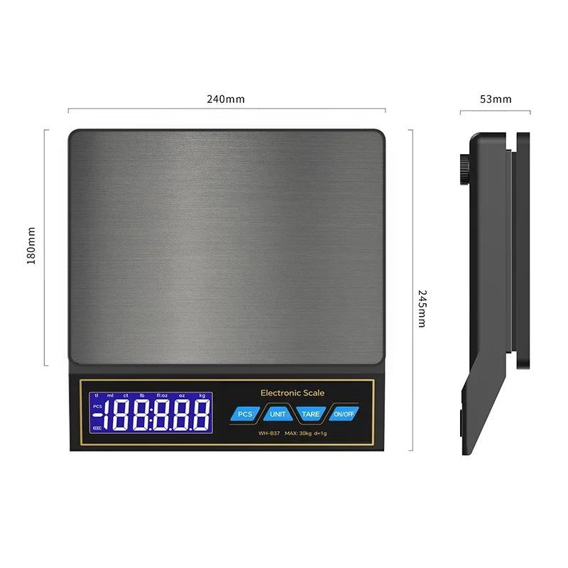 30kg/1g Digital Electronic Kitchen Scale Rechargeable Stainless Steel Household Food Scale Weight Balance with Counting Function