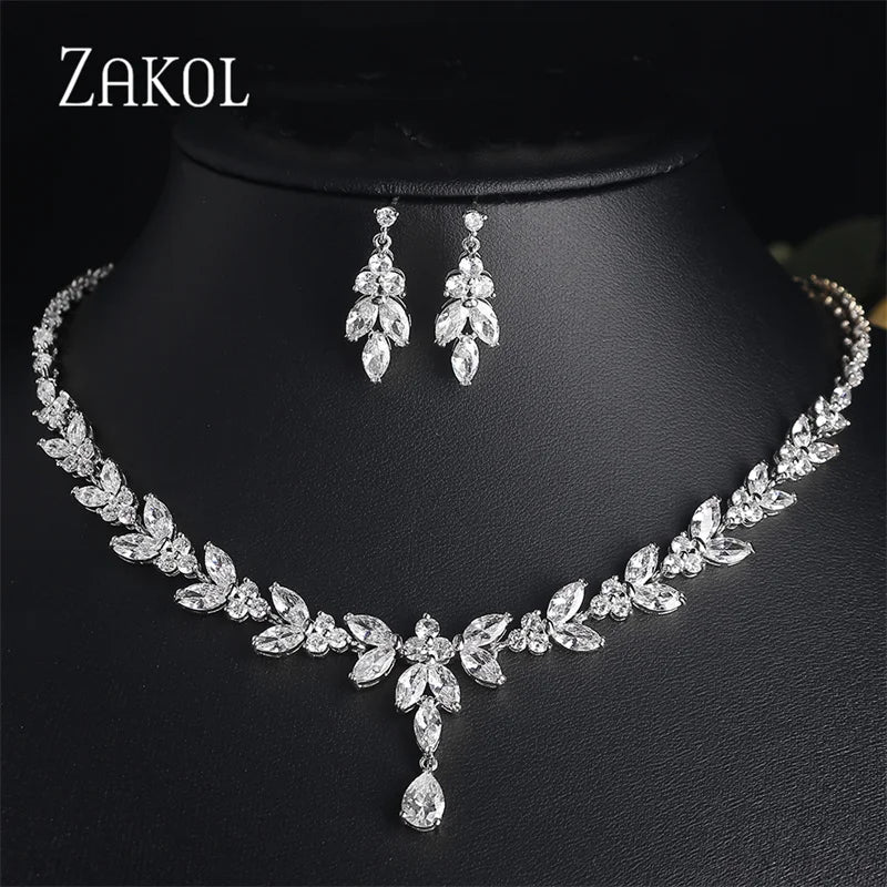 ZAKOL Luxury Brilliant Zirconia Leaf Necklace Earrings Rings Bracelets Set for Women CZ Drop Bridal Wedding Jewelry Sets New
