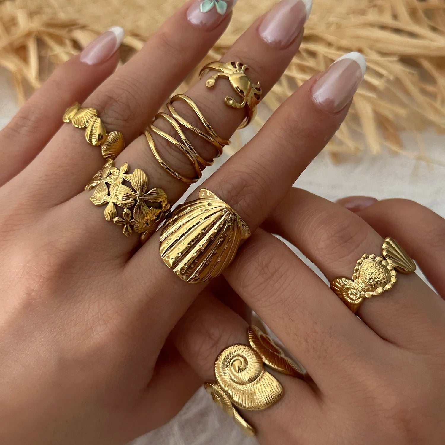 Gmai PVD Plated Stainless Steel Open Rings Set for Women Vintage Sun Leaf Shell Geometric Cuff Ring Hypoallergenic Jewelry Gift
