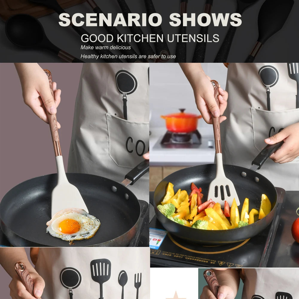 Gold Plated Handle Silicone Cooking Utensils Set Kitchen Non-stick Tool Gadgets BPA FREE Kitchenware Heat Resistant Spatula Set