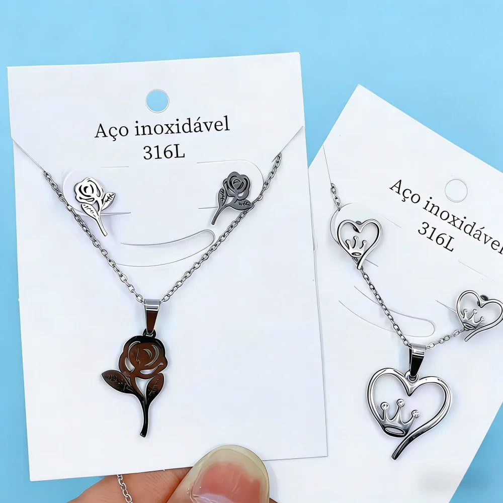 6/8/10/12/24Sets Fashion Flowers Heart Stainless Steel Earrings Necklace Set For Women Mix Style Trendy Jewelry Party Gifts