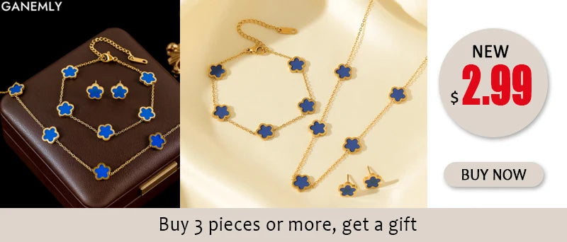 GANEMLY Stainless Steel  Sparkling White Zircon Flower Necklace Bracelet Earrings Set For Women Trendy Waterproof Jewelry Gift