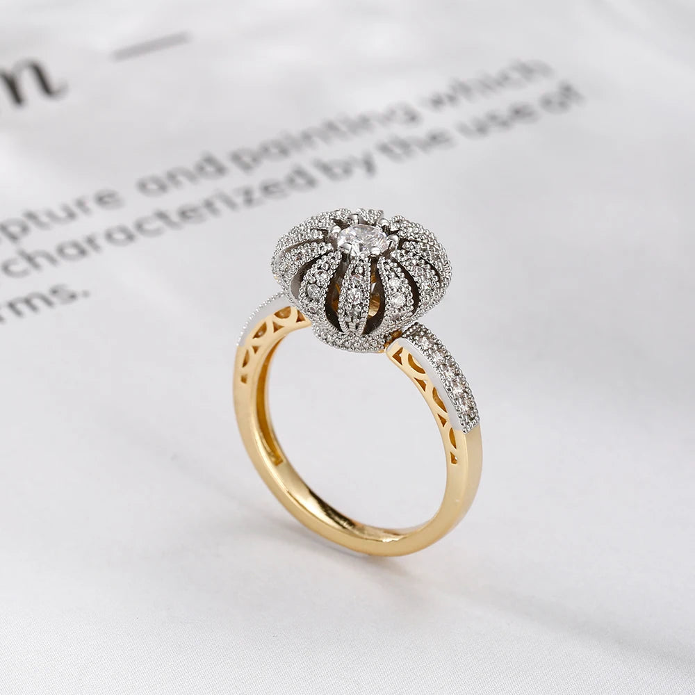 Petal Design Inlaid Synthetic Zircon Ring Earrings Ring suit Copper Plated 14K Gold Retro Fashion Jewelry Banquet Gift