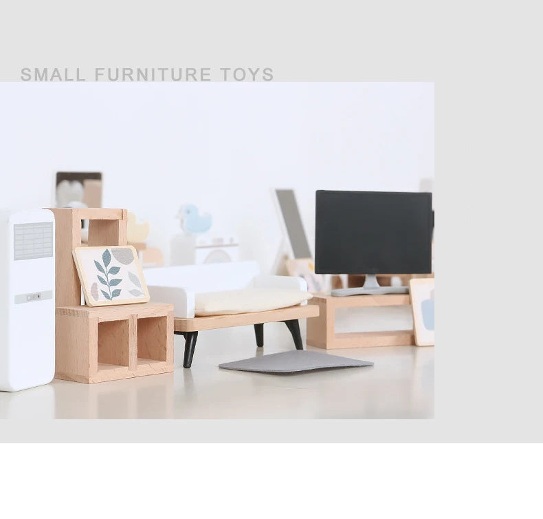 Wooden Play House Toy Set Mini Dollhouse Simulated Furniture Decoration Set Bedroom Kitchen Items Table And Chairs Accessorie