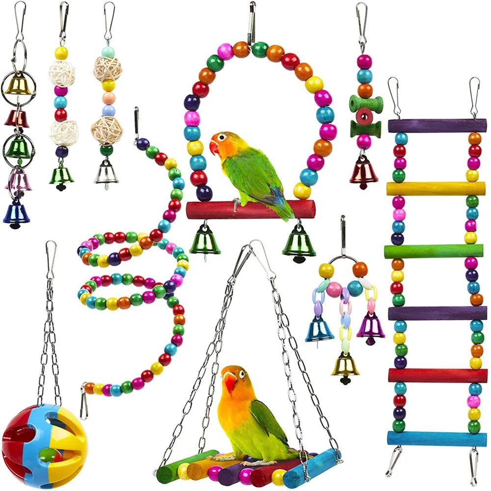 Combination Bird Toys Set Swing Chewing Training Toys Small Parrot Hanging Hammock Parrot Cage Bell Perch Toys with Ladder Toys