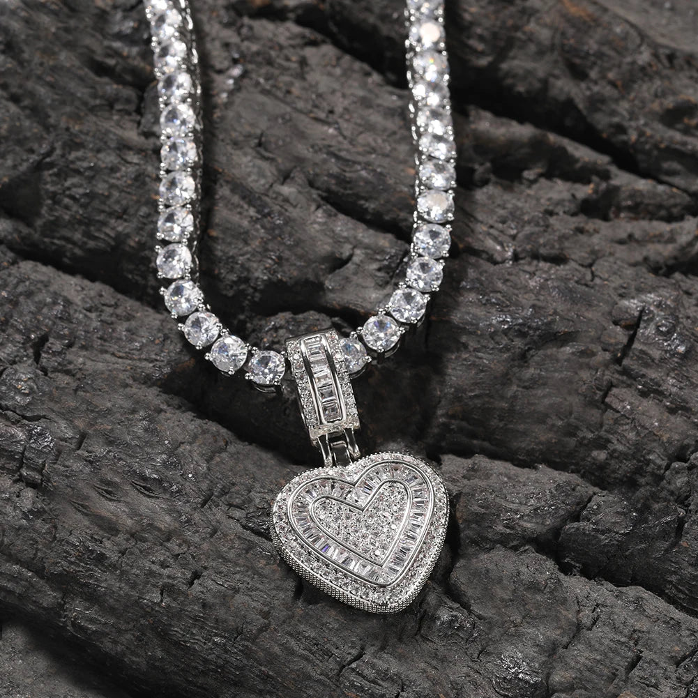 THE BLING KING Baguette CZ Small Heart Shaped Pendant Necklace For Women Iced Out 5A+ Cubic Zironia Lovely Jewelry Birthday Gift