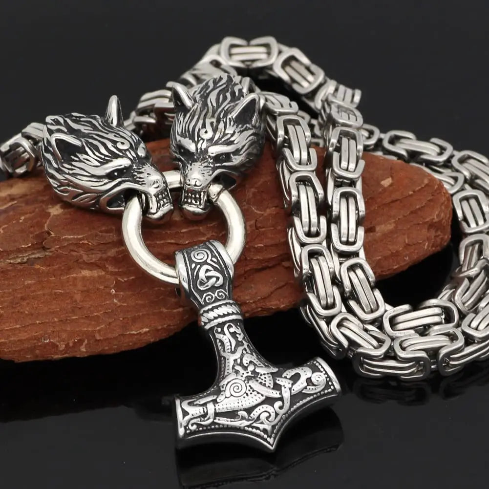 Stainless Steel Wolf Head Pendant Byzantine Emperor Chain Necklace Bracelet Set Norse Viking Amulet Thor Hammer King Jewelry