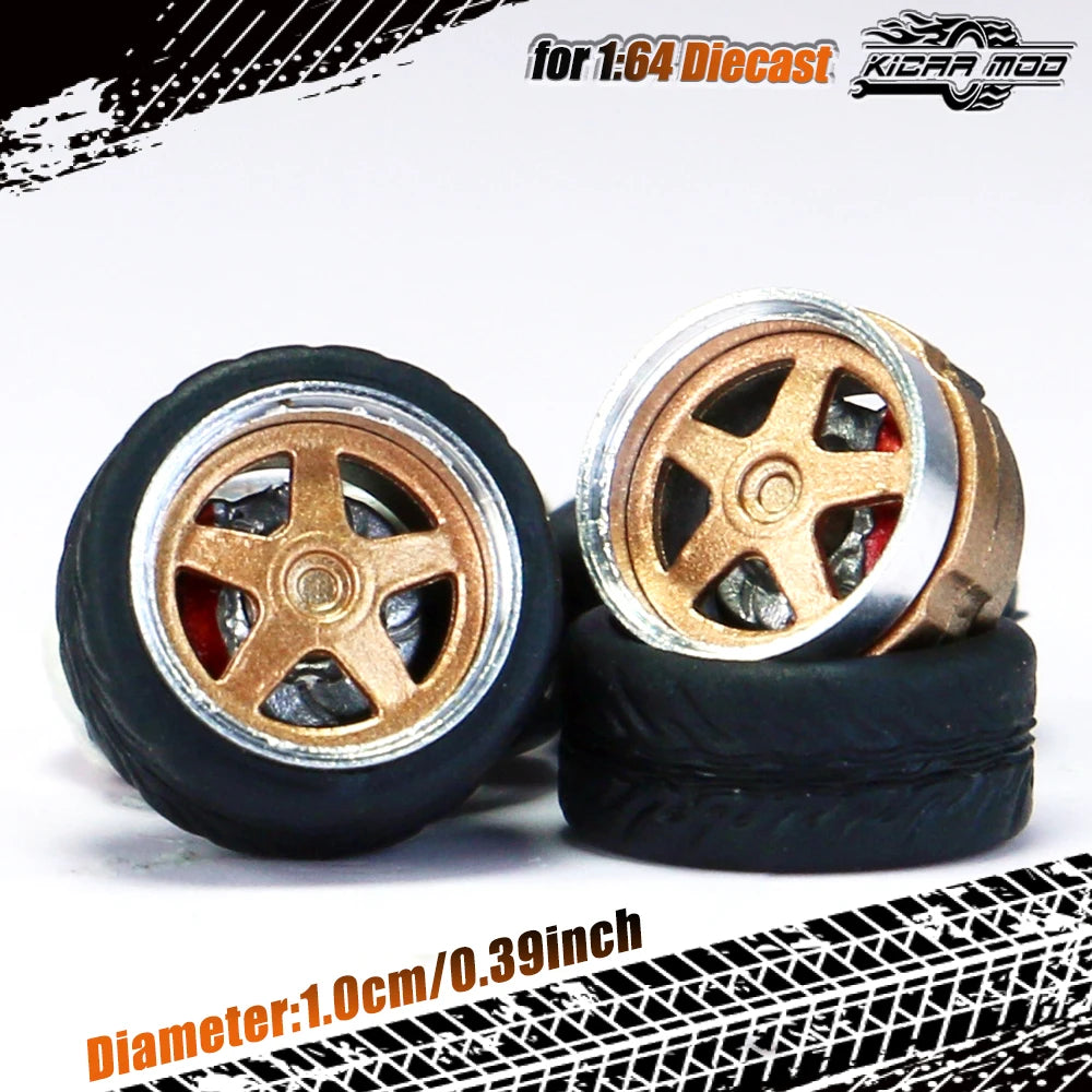 Kicarmod 1/64 Model Car ABS Wheels with Rubber Tire Brake Disc Metal Rims Diameter 10mm Refitting Parts For Model Car