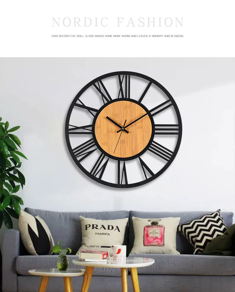 3D Large Wall Clocks Nordic Roman Numerals Retro Round Wood Metal Iron Accurate Silent Hanging Ornament Living Room Decoration