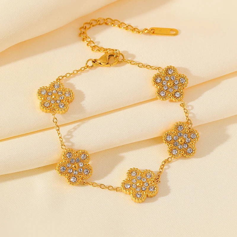 EILIECK New Fashion Stainless Steel White Zircon Clover Necklace Bracelet Earrings Set For Women Trendy Flower Jewelry Set Gift