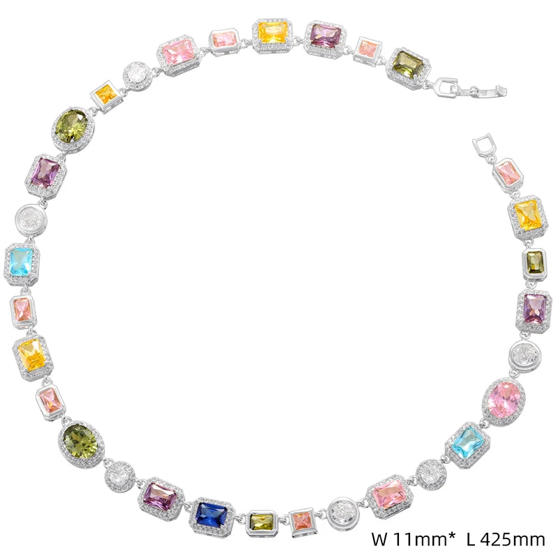 Colorful Mosaic Geometric Zircon Bracelet/Necklace Set Hip-Hop Retro Unisex Couple's 18K Gold-Plated Brass Jewelry:VL661 VL662