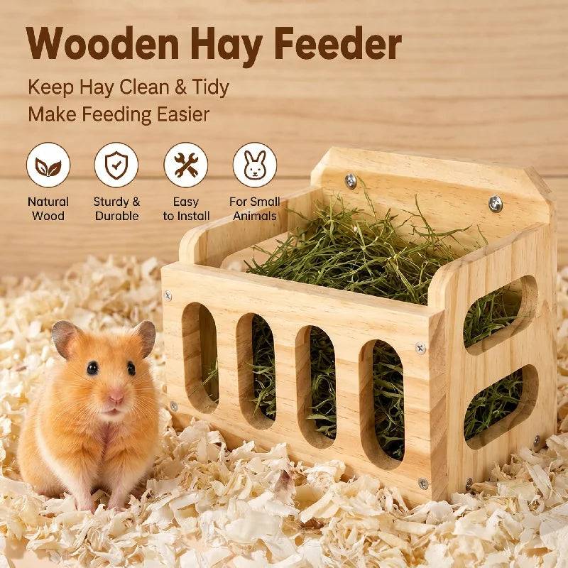 Natural Wooden Hay Feeder Rack - Hanging Guinea Pig Rabbit Feeding Grass Holder for Chinchilla Hamster Small Pet Cage Accessorie