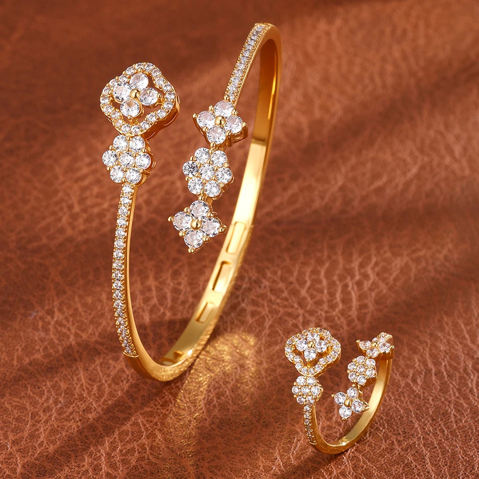 ZAKOL 9 Styles Golden Open Bracelet Ring Jewelry Set Geometric Shiny Zircon 18K Gold Plated Middle East Wedding Party Jewelry