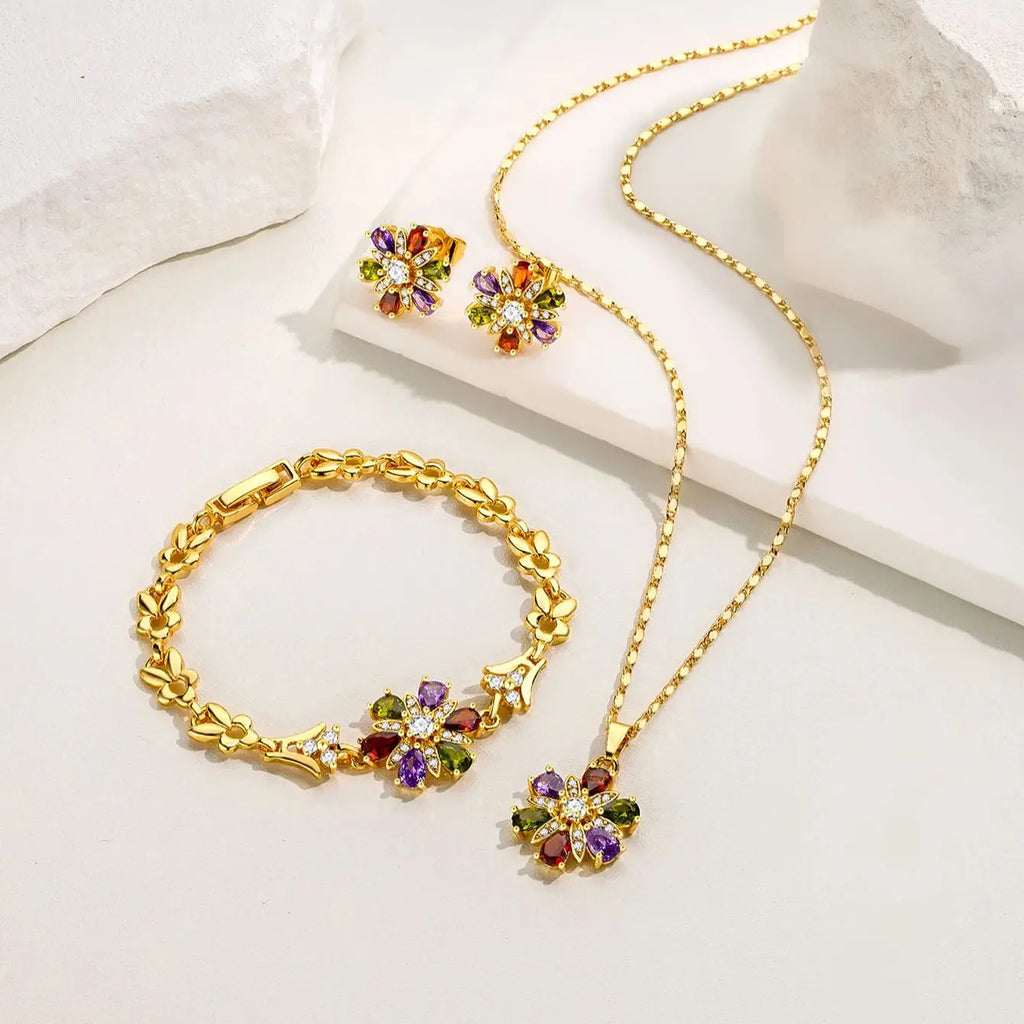FanSibao Newly Designed Tricolor Zircon Pendant Necklace Earrings Bracelet Stainless Steel Jewelry Set Gift for Women