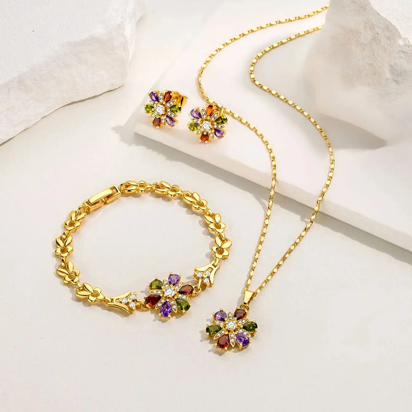 FanSibao Newly Designed Tricolor Zircon Pendant Necklace Earrings Bracelet Stainless Steel Jewelry Set Gift for Women