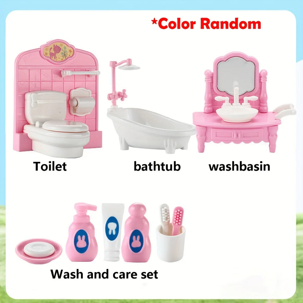 Pink Miniature Dollhouse Furniture Accessories Set Mini House Furniture Room Collection with Bedroom Living Room Kitchen Bathrom