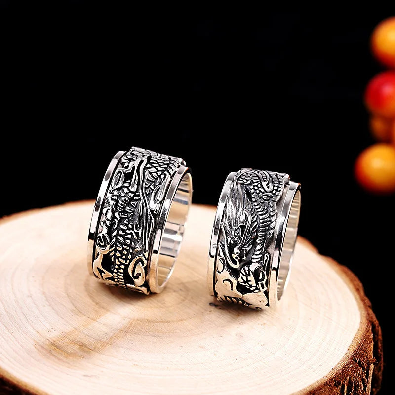 12mm Width Real S925 Sterling Silver Lucky Dragon Double Layer Rotatable Closed Dragon Ring For Man Woman Fiine Jewelry Gift