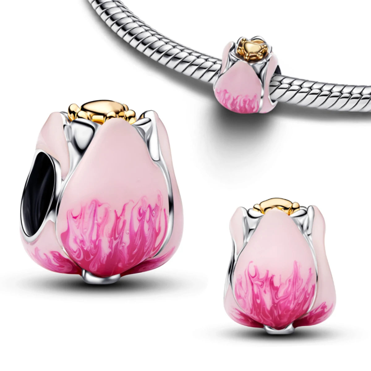 Hot Sales 925 Sterling Silver Pink Flower heart Ear Stud Ring Pendant Bead fit DIY Women's Bracelets Necklaces Jewelry Gifts