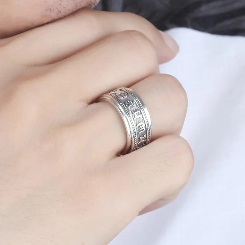 S925 Sterling Silver Ring Men Women Retro Buddhist Six-Character Great Mantra Ring Male Female Amulet Jewelry Exquisite Gift