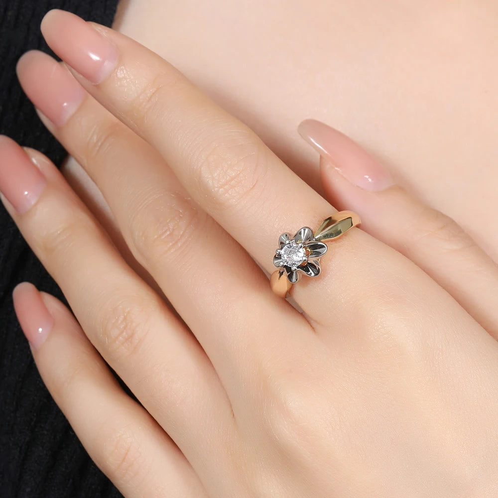 French Petal Inlaid Zircon Earrings and Ring Set, High-End Copper-Plated Two-Tone Gold Fashion Jewelry, Versatile for Commuting