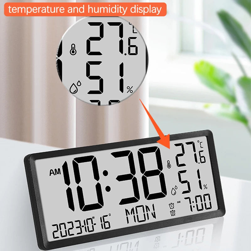Battery Powered Large Screen LCD Digital Desktop Clock Temperature Humidity Electronic Clock Date Week Time Mute Wall Clock