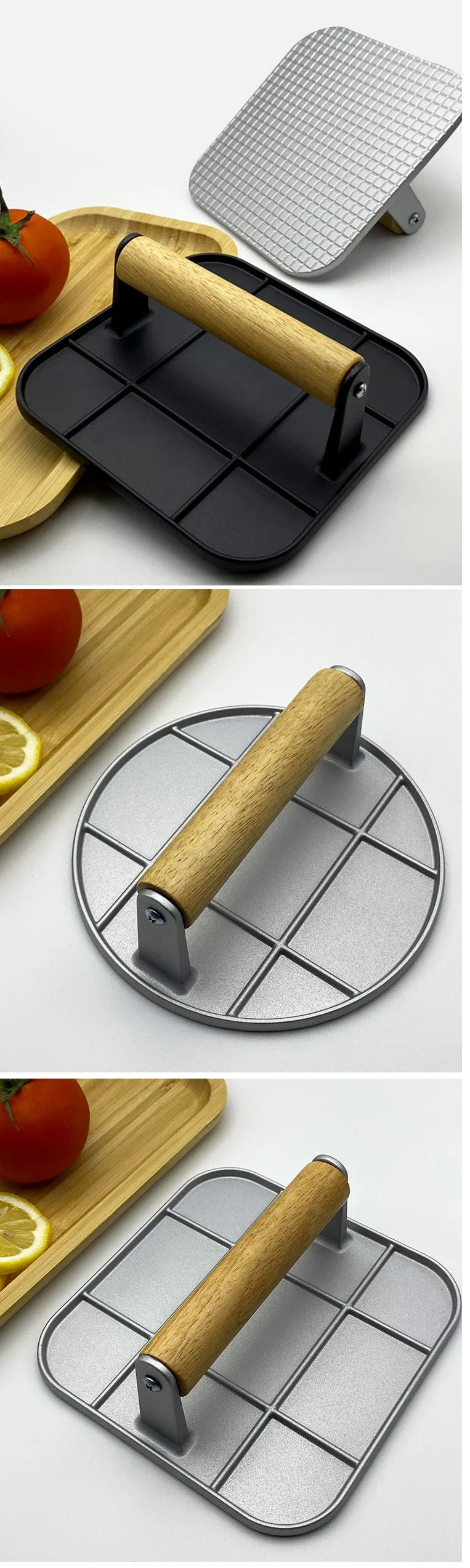 Cast Iron Burger Press Outdoor Non Stick Aluminum Alloy Rotundity Hand Meat Burger Press with Wooden Handle for Home Kitchen BBQ