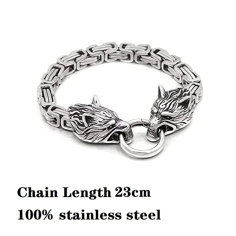 Stainless Steel Wolf Head Pendant Byzantine Emperor Chain Necklace Bracelet Set Norse Viking Amulet Thor Hammer King Jewelry