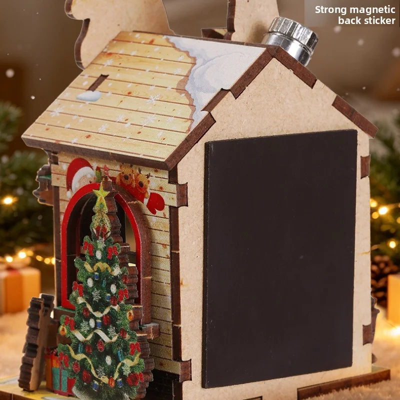 DIY Wooden Dollhouse Kit Warm Christmas Halloween Lodge Cabin with Furniture LED Lights 3D Assembly Magnetic Fridge Sticker