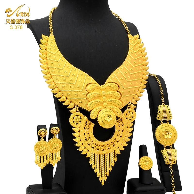 Dubai Indian Necklace Earrings Big Pendant Jewelry Set Gold Color For Women Nigeria African Bridal Wedding Party Jewellery Gifts