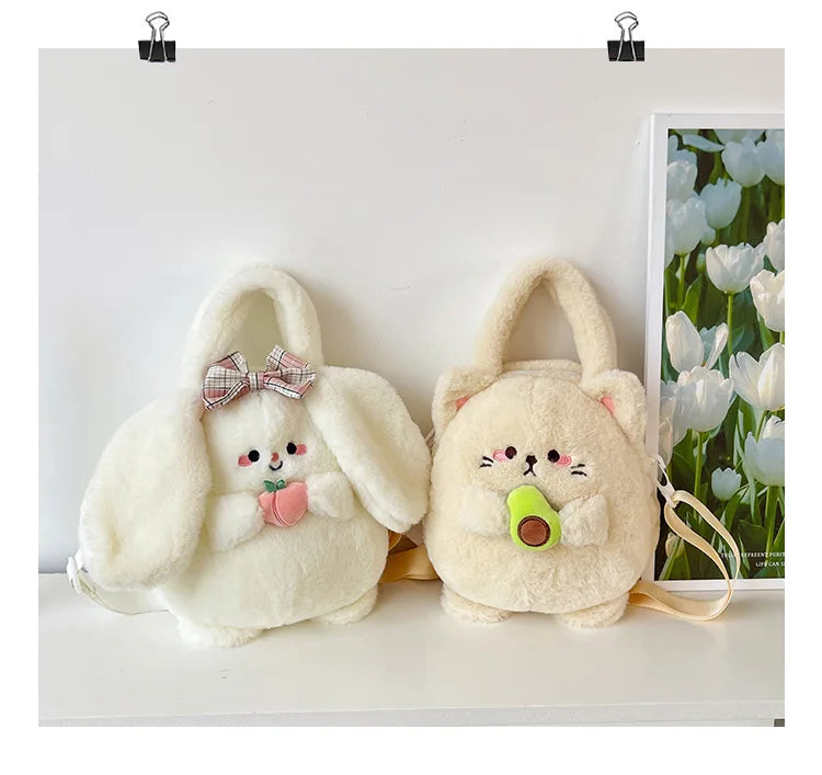 New Rabbit Kitten Plush Toy Backpack Stuffed Animal Rabbit Hold Peach Cat Hold Avocado Portable Shoulder Bag Girl Birthday Gifts