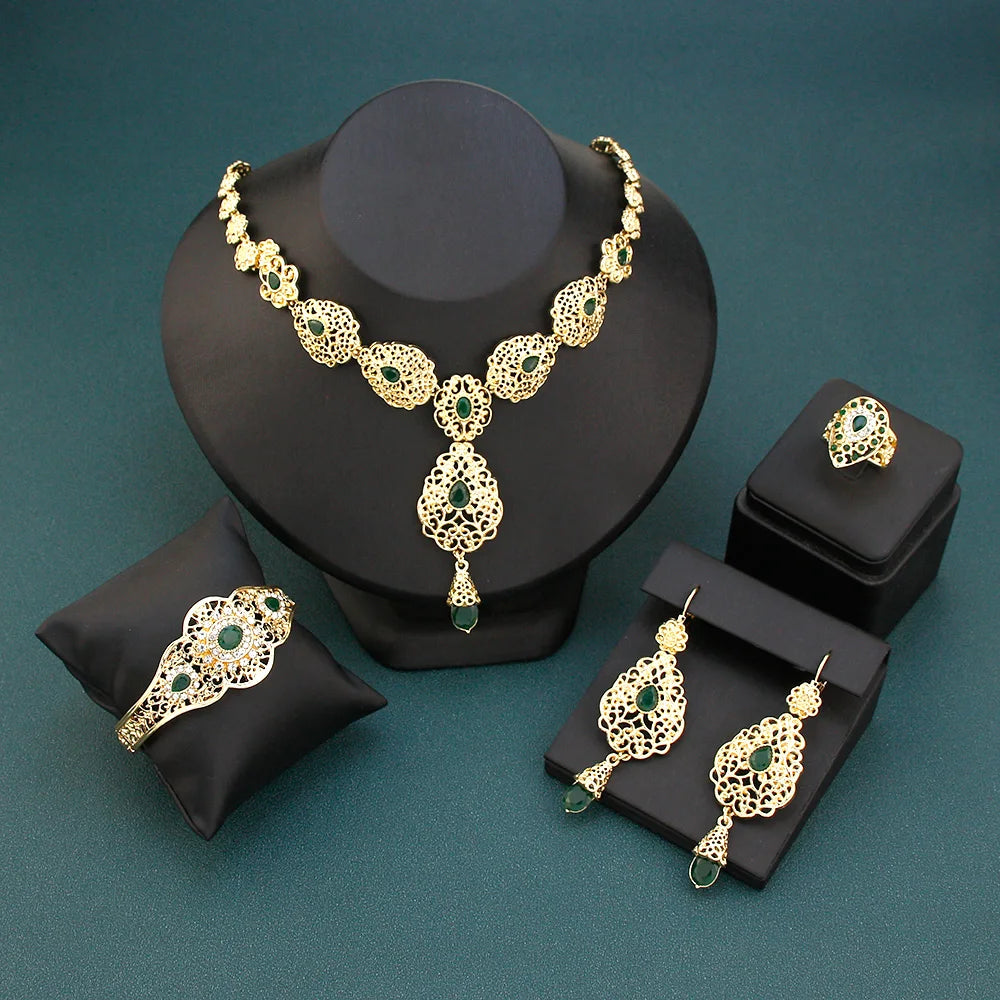 Arabic Jewelry Sets Morocco Choker Necklace Dangler Earring Bracelet Ring Gold Color Ethnic Women Charm Bijoux