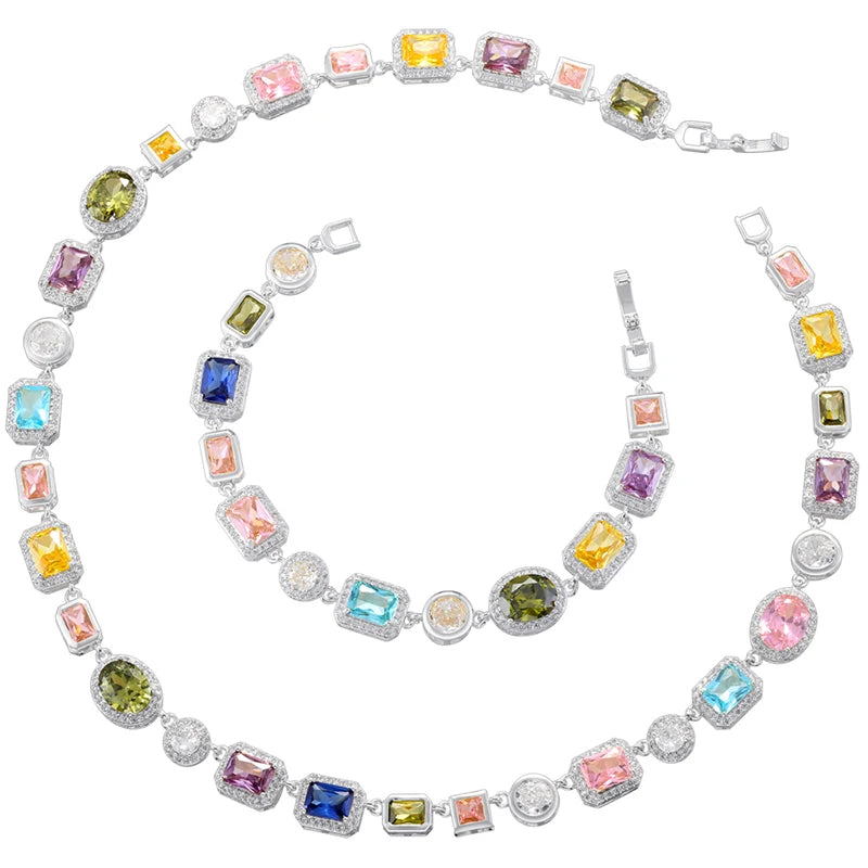 Colorful Mosaic Geometric Zircon Bracelet/Necklace Set Hip-Hop Retro Unisex Couple's 18K Gold-Plated Brass Jewelry:VL661 VL662