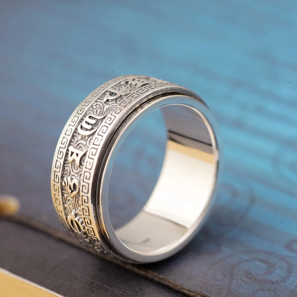 Factory Price S925 Sterling Silver Craft Mens Rings Rotable Stereoscopic Vintage Glossy Six-character Mantra Jewelry Gift