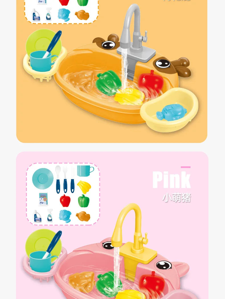 Kids Kitchen Sink Toys Electric Dishwasher Playing Toy with Running Water Pretend Play Food Fishing Toy Role Playing Girls Gift