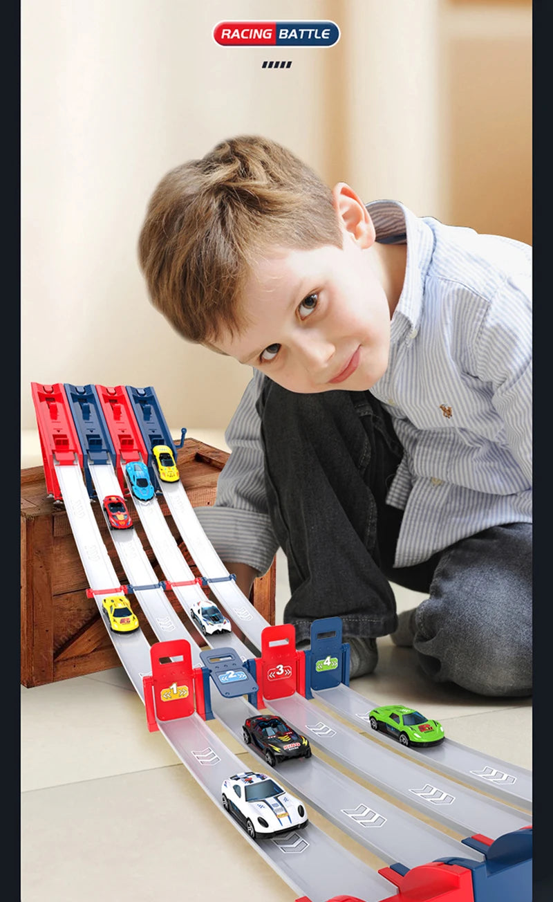Kid Track Car Racing Set Toy DIY Assembled Track Kits Catapult Rail Car Racing Strategy Game Fun Interactive Social Toy Boy Gift