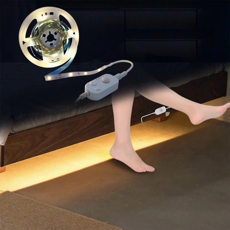 Suspended bed sensor LED light strip, low voltage 5V, USB powered, 1m to 20m, can be cut to any length, with a human body sensor switch that turns on when someone approaches. Night mode/day mode/constant light mode, su