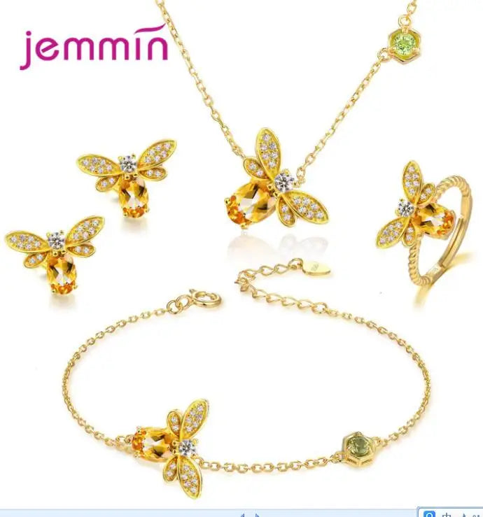 New Arrival Women Fashion Full Sets Bee Jewelry 925 Silver Trendy Gold Color Bracelet Earrings Pendant Necklace For Sale