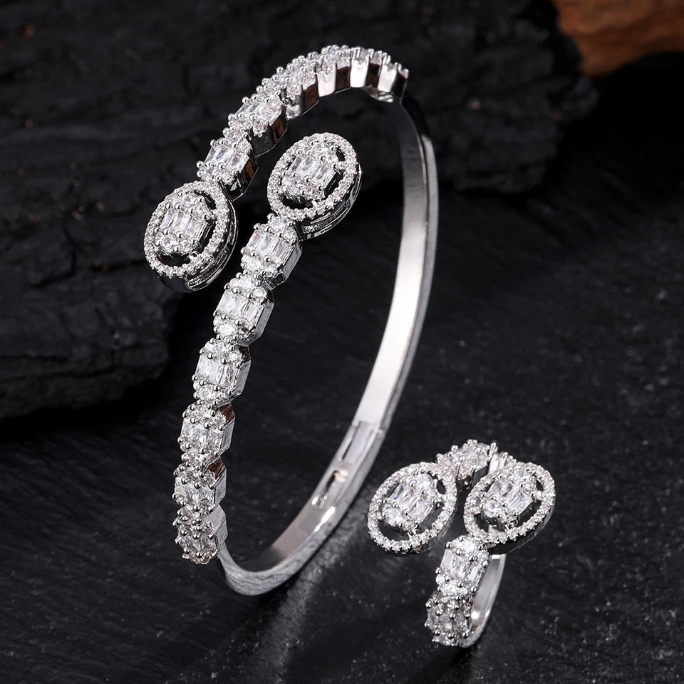 ZAKOL 9 Styles Slivery Open Bracelet Ring Jewelry Set Luxury Shiny Zircon Middle East Trendy Jewelry for Women Gift