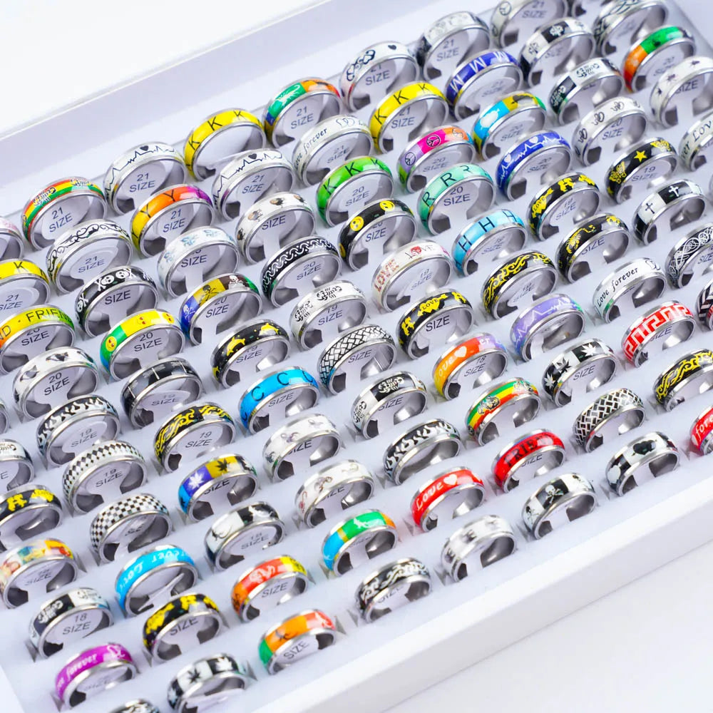 10/20/50/100Pcs/Lot Fashion Stainless Steel Stripe Heart Hollw Rings For Men Women Mix Style Simple Jewelry Party Gifts