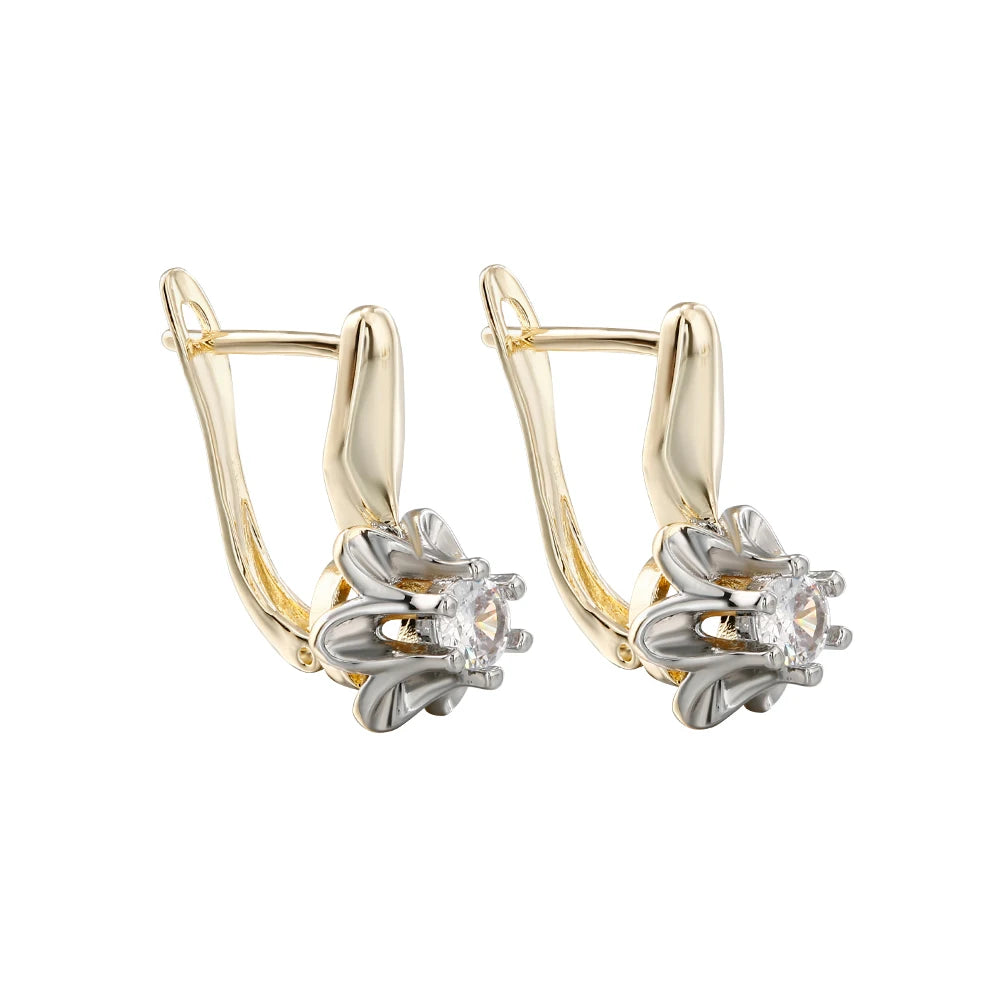 French Petal Inlaid Zircon Earrings and Ring Set, High-End Copper-Plated Two-Tone Gold Fashion Jewelry, Versatile for Commuting