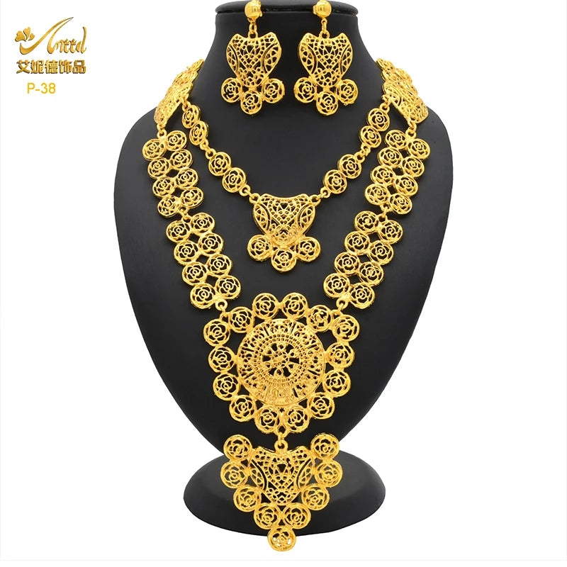 Dubai Indian Necklace Earrings Big Pendant Jewelry Set Gold Color For Women Nigeria African Bridal Wedding Party Jewellery Gifts